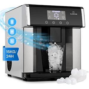 Klarstein Eiszeit - Macchina per il Ghiaccio, Macchina del Ghiaccio, 3 Forme Cubetti, 10-15 kg/24 H, Serbatoio Acqua: 3 L, Display LCD, Capacità Ghiaccio: 600g, Acciaio Inox Spazzolato, Argento
