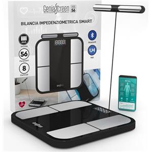 GeniaScreen Bilancia Impedenziometrica Smart Pesapersone Digitale con 56 Misurazioni in Vetro Temperato 32x30cm Portata 180Kg GeniaScreen SolidTrack con Display LED - per Massa Muscolare Grasso BMI Bluetooth