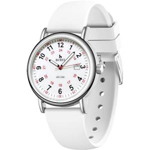 BUREI Orologio da uomo da donna per infermieri, medici, studenti, donne e uomini, impermeabile, 12/24 ore, quadrante luminoso e ben leggibile., bianco, cinghia