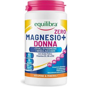 Equilibra, Magnesio Donna Zero Zuccheri, 200g in Polvere, 3 Sali di Magnesio, Bisglicinato, Pidolato, Carbonato, con Acido Folico, Vitamina D3, B6, B12, Solubilità Istantanea, Sapore Agrumato