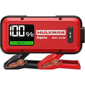 HULKMAN Alpha Ultra Red, Avviatore di Batteria Portatile 1250A 44.4Wh, Jump Starter 12V per Auto Moderne con Cavi, per Motori Benzina 7.0L / Diesel 4.0L, Grado di Protezione IP65, Ampio Schermo LED