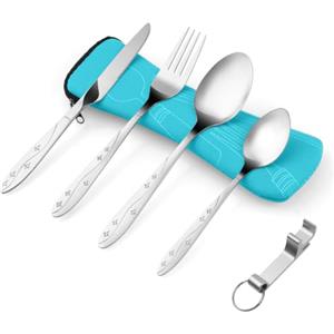 Vicloon Set di Posate con Custodia Portatile, 5 Pezzi in Acciaio Inossidabile con Apribottiglie, da Viaggio Coltello Forchetta Cucchiaio per Campeggio (Cielo Blu）
