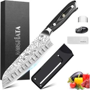 MOSFiATA Coltelli da Cucina Professionali, Coltello Santoku Coltello da Cucina Giapponese Coltello Chef in Acciaio Inossidabile con Affilacoltelli e Protezione per le Dita - 17,8CM