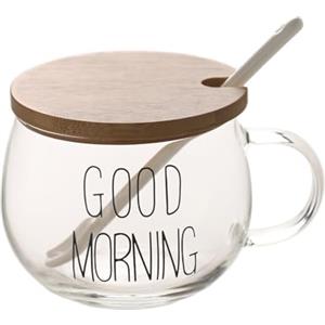 TREEWOO BUONGIORNO Lettera Trasparente Tazza Per Caffè Dessert Latte Tè Yogurt Tazza Rotonda In Vetro Impugnatura Bicchieri Con Coperchio In Bambù Cucchiaio In Ceramica Tulipano (Coppa delle lettere (Nero))