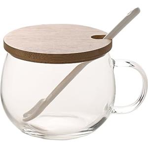 TREEWOO Buongiorno Tazza Trasparente Per Caffè Dessert Latte Tè Yogurt Tazza Rotonda In Vetro Impugnatura Bicchieri Con Coperchio In Bambù Cucchiaio In Ceramica Tulipano