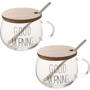 TREEWOO BUONGIORNO Lettera Trasparente Tazza Per Caffè Dessert Latte Tè Yogurt Tazza Rotonda In Vetro Impugnatura Bicchieri Con Coperchio In Bambù Cucchiaio In Ceramica Tulipano (2 Coppa delle lettere)