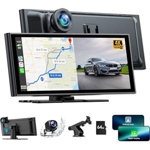 Volam 9.26 Pollici Autoradio Portatile con Wireless A-pple Carplay Android Auto con Telecamera per Auto, 4K+1080P Doppio Dash Cam, Car Audio Radio con Bluetooth, Controllo Vocale, GPS, Mirror Link
