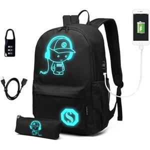 KONO Zaino Scuola Luminoso con Glow in the Dark e Serratura a Combinazione Rimovibile Impermeabile per Ragazzi, Bambini, Elementari e Media - Unisex, Nero