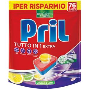 Pril Tutto in 1 Extra Tabs Limone & Lime Detersivo, Pastiglie per lavastoviglie attive già a basse temperature (40°), Detersivo lavastoviglie con 8 azioni, 1 x 76 tabs