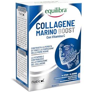 Equilibra, Collagene Marino Boost Idrolizzato Naticol®, 14 Stick Monodose, 2500 mg Collagene per Dose, 80 mg Vitamina C per Dose, Collagene Tipo I e III, Mantenimento del Tono, Elasticità della Pelle