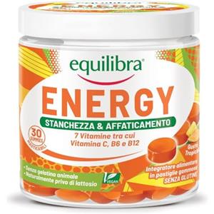 Equilibra Integratori Alimentari Energy, Integratore Multivitaminico in Pastiglie Gommose, Vitamina B12, B6 e C, Riduzione di Stanchezza e Affaticamento, Vegan, 30 Gummies Gusto Tropical