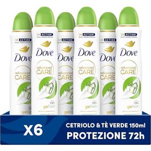 Dove Deodorante Spray Advanced Care Go Fresh Cetriolo e Té Verde, con Formula Idratante e Delicata sulla Pelle, Senza Alcol, Pelle Asciutta Fino a 72 Ore, Deodorante Uomo e Donna, 6 Pezzi da 150ml