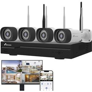 NIVIAN Kit Videosorveglianza WiFi 2K Professionale con 4 Telecamere IP - NVR 10 Canali, Rilevamento Umano IA, Visione Notturna a Colori, Audio, HDMI, App EseeCloud