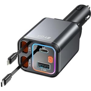 BYDA Caricabatteria da auto retrattile USB C 4 in 1, 69 W con luce stellata, ricarica rapida per iPhone 16/15/14/13/12, iPad,Android,adattatore accendisigari (Grey, For Apple & USB-C & No Starry)