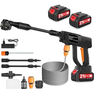 Worshow Idropulitrice a batteria, 21 V, 120 bar, con 2 batterie da 3000 mAh, idropulitrice senza fili, con tubo da 5 m, per la pulizia del giardino, irrigazione