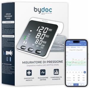 BYDOC Misuratore Pressione da Braccio, Clinicamente Validato, Facile da usare, con App per Salvataggio Dati e monitoraggio Pressione Arteriosa e Frequenza Cardiaca BYDOC