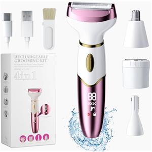 PKBD 4 in 1 Rasoio Elettrico Donna, Depilatore Corpo Donna, Rasoio per Corpo, Gambe, Peli Pubici e Viso, Impermeabile IPX7 e Ricaricabile, Portatile, Bagnato e Asciutto, Rosa