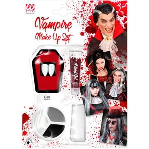CARTOON Set accessori per travestimento da Vampiro 2 canini e sangue finto in gel trucco con spugnetta make up Halloween