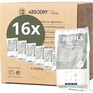 ABSODRY duo family AbsoDry - Confezione di ricarica per deumidificatore, 16 x 600 g, compatibile con AbsoDry, previene gli odori e lega l'umidità, sacchetto essiccante con granuli per deumidificatore per ambienti