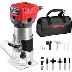 TEENO Rifilatore Fresatrice Verticale per Legno 800W 13000-33000 RPM Con Copertura Antipolvere, Legno Rifilatrice Elettrica Con 5 pezzi 1/4 Fresatura Cuter, 6 Velocità Variabili, Mandrino 6/6.35/8mm