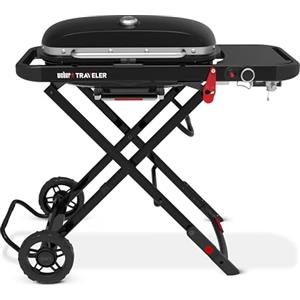 Weber Traveler Barbecue a Gas (2026) / Design Pieghevole Portatile con Ruote, bloccaggio Automatico del Coperchio e termometro, 1 bruciatore, Larghezza 111 cm, Area di Cottura 2065 cm², Nero
