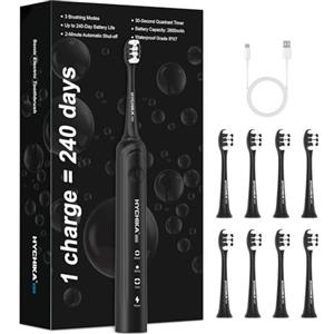HYCHIKA BETTER TOOLS FOR BETTER LIFE Spazzolino elettrico sonico per adulti, batteria ricaricabile con durata di 240 giorni,2500mAh,spazzolino con 3 modalità di pulizia,impermeabile IPX7,8 testine di ricambio,timer da 2 minuti,nero