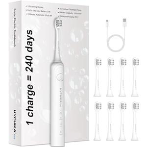 HYCHIKA BETTER TOOLS FOR BETTER LIFE Autonomia di 240 giorni Spazzolino Elettrico per Adulti,Spazzolino Ricaricabile con Batteria da 2500 mAh,8 Testine di Ricambio,3 Modalità di Pulizia,Impermeabile IPX7,Timer da 2 Minuti,Bianco