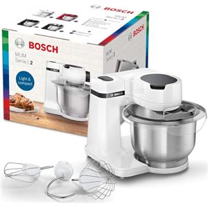 Bosch Serie 2 Planetaria Impastatrice MUMS2EW00, 700 W, Capiente Ciotola in Acciaio Inox da 3,8 L, 4 Livelli di Velocità, Fruste e Gancio Inclusi, Accessori Lavabili in Lavastoviglie, Bianco