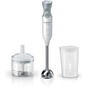 Bosch Frullatore a Immersione MSM66120, 600W, Impugnatura Ergonomica, Piede in Acciaio Inox, Lama a 4 ali Acciaio Inox, Velocità Variabile, Accessorio Tritatutto Incluso, Bicchiere Graduato, Bianco