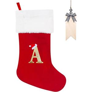 Vidillo Calza Befana Personalizzata Calze Natalizie da Appendere con Lettera Monogramma Rosso Grandi Calza di Natale Befana Natale Decoraizione con targhetta per Camino L'Albero di Natale Holiday (A)
