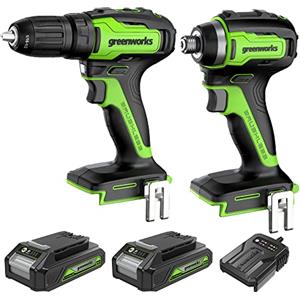 Greenworks GD24DD35K2 Trapano Avvitatore e GD24ID200 Avvitatore a Impulsi PIÙ 2 Batterie da 24V 2Ah e Caricabatterie, Garanzia 3 Anni