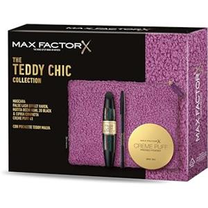 Max Factor, Cofanetto Regalo Donna Teddy Chic, Pochette in morbido tessuto teddy con Mascara False Lash Effect Raven Black + Matita Occhi Khol Kajal 20 Black + Cipria Creme Puff New 41 Medium Beige