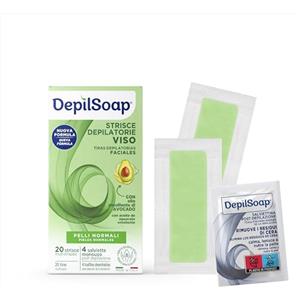 Depilsoap® - Strisce Depilatorie Viso - Indicato Per Pelli Normali - 20 Strisce Depilatorie E 4 Salviettine Post-Depilazione - Formula Arricchita Con Olio Di Avocado E Olio Di Jojoba