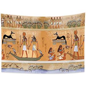 YONGFOTO 100x70cm Antico Egitto Arazzo, Divinità egizie Faraoni Arazzi Colore nero Cane Uccelli Barca Sculture geroglifiche Mitologia Arazzo per Soggiorno Dormitorio Decoro Tappeto