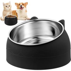 WuGU Ciotole per Gatti in Acciaio Inox, 400ML Ciotole per Cani Inclinata di 15° e Rialzata, Ciotola per Gatti, Protezione Cervicale, Staccabile, per Cibo Secco, Cibo Umido, Acqua - Nero