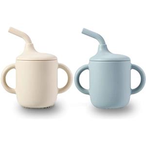 PandaEar Confezione da 2 Tazze di Allenamento in Silicone al 100% con Manici e Cannuccia per Neonati e Bambini, Capacità di 180 ml (Blu/Bianco)