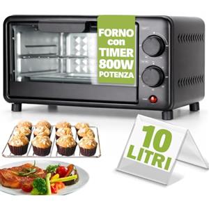 Bakaji Forno Fornetto Elettrico Ventilato Capacità 10 litri Potenza 800W Temperatura Regolabile fino a 230°, Multi Funzione Elenti Riscaldanti in Acciaio Luce Interna Funzione Timer (10 Litri)