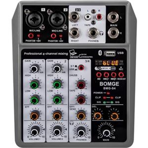 BOMGE Mixer audio professionale, console di mixaggio con 4 canali USB digitale Bluetooth effetto ritardo, ingresso 48 V Phantom Power Stereo DJ mixer per registrazione, live streaming, podcasting