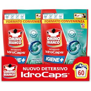 Omino Bianco Idrocaps - Detersivo Lavatrice in Capsule Igiene, 60 Lavaggi, Efficace a Basse Temperature, Profumo Freschezza Alpina, 30 Caps x 2 Confezioni