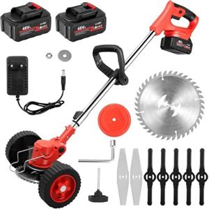 SQUADO Decespugliatore a Batteria 48V con 2 Batterie - Tagliabordi Senza Fili, Testa Girevole 90°, Ruote e Tubo Telescopico per Giardino