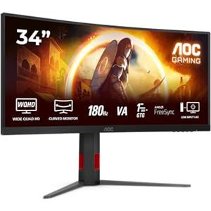 AOC Gaming CU34G4 - Monitor Quad HD da 34 pollici, 180 Hz, 1 ms, FreeSync Prem., HDR10 2560x1440, 1x HDMI 2.0, 1x DisplayPort 1.4 nero-rosso, 34 inch WQHD Fast VA, Regolazione altezza