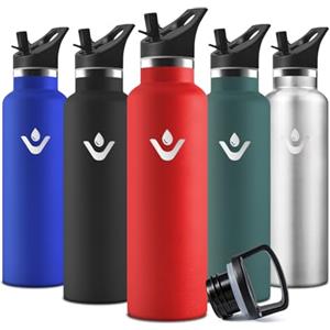 Motswedi Borraccia Termica, 500 ml Senza BPA, Borracce Bambini, Bottiglia Acqua Con Cannuccia e 2 Coperchi, Borraccia Acciaio, 18/8 Acciaio Inossidabile, Borracce per Scuola, Pilates - Rosso