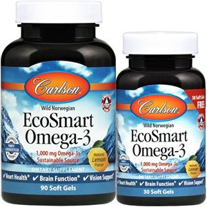 Carlson Labs EcoSmart Omega-3 1000mg Limone Naturale - 90 30 Softgels per Cuore, Cervello e Visione
