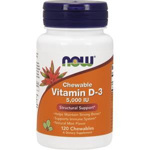 NOW FOODS Vitamin D-3 5,000 IU - 120 Compresse Masticabili Gusto Menta per Ossa Forti e Sistema Immunitario