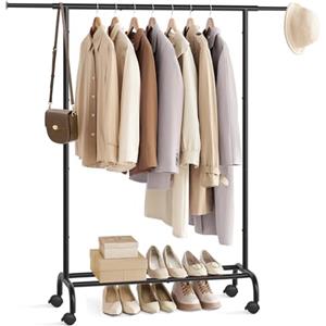 SONGMICS Stand Appendiabiti con Ruote, Attaccapanni Estensibile in Metallo, con Ripiano Portaoggetti Rialzato, 40 x (83-120) x 156 cm, Portata Totale 45 kg, Nero Inchiostro HSR134B01