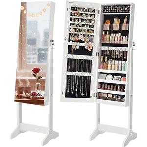 SONGMICS Armadietto Portagioie Autoportante, Specchiera Portagioielli con 2 Organizzatori per Cosmetici, Organizzatore Trucchi, Specchio a Figura Intera Senza Cornice, Serratura, Bianco JJC002W01