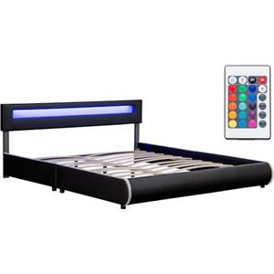 Juskys Letto imbottito Sevilla 180x200 cm con illuminazione LED, rete a doghe e testiera - Legno e pelle sintetica - 16 impostazioni di colore e telecomando - Letto matrimoniale - Nero