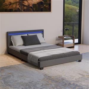 Juskys letto imbottito Paris da 140x200 cm - Struttura letto con illuminazione LED, rete a doghe e testata - Legno e similpelle - Grigio - Letto per ragazzi