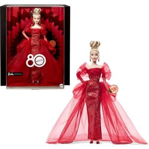 Barbie Signature 80° Anniversario Mattel, bambola bionda da collezione in abito in tulle rosso scintillante con orecchini a goccia e guanti velati, giocattolo per bambini, 6+ anni, JBJ17