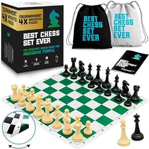 Chess Geeks Best Chess Set Ever 4X - Set Scacchi Professionale con Scacchiera Portatile in Silicone 50x50 cm Reversibile e Arrotolabile, Pezzi Quadruplo Peso (Re 11,4cm) - ideale per Viaggio, Adulti e Bambini
